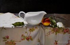 a painting of a white pitcher and peaches on a table cloth