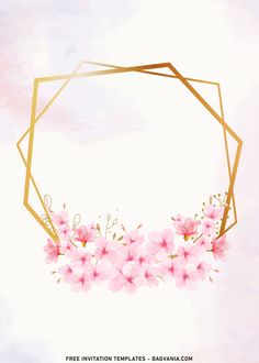 pink flowers with gold geometric frame on watercolor background for free printable templates