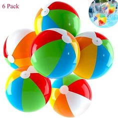 six beach balls with different colors and designs