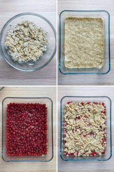 four pictures showing the steps to make cranberry oatmeal bars