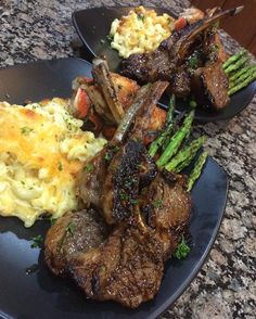 an instagram page for steak and mashed potatoes with asparagus on the side