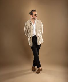 Spring/Summer men’s outfit, safari jacket, all black summer outfit, Sharp Casual, Going Out/Date outfit, summer traveling outfit for men, what to wear in europe Summer Traveling Outfits, Loafer Outfit Men, Pants Summer Outfit, Traveling Outfits, He Spoke Style