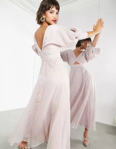 ASOS EDITION blouson sleeve midi dress in organza check in blush | ASOS Maxi Length Puff Sleeve Dress For Spring Formal, Spring Formal Puff Sleeve Maxi Dress, Spring Formal Maxi Length Puff Sleeve Dress, Feminine Puff Sleeve Dress For Spring Evening, Feminine Puff Sleeve Evening Dress For Spring, Chic Puff Sleeve Dresses For Wedding Guests, Blush Trend, Blouson Sleeve, Midi Dress With Sleeves