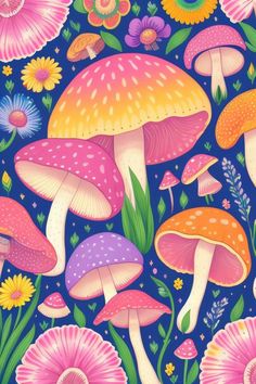 colorful mushrooms and daisies on a blue background