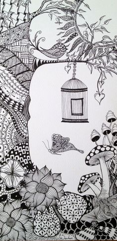 a black and white drawing of a bird in a cage on a tree with flowers