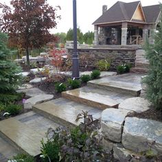 stone steps lead up to a house in the background