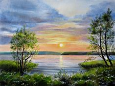 an oil painting of the sun setting over a body of water with trees in front of it