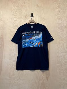 Medium 100% Cotton Pit to Pit 20" Back Collar to Bottom 28" Salmon Art, Midnight Run, Art Graphique, Cotton T Shirt, Bleu Marine, Mens T, Cotton Tshirt, Navy Blue, Size Medium