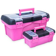 two pink and black storage boxes with lids