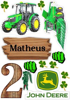 a green tractor with shamrocks on it next to a wooden sign