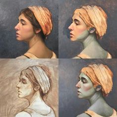 four different images of a woman's head with hair pulled back and wearing a turban