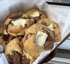 chocolate chip cookies with butter in a paper container