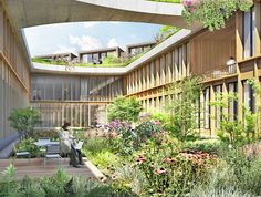 an artist's rendering of a courtyard with plants and flowers growing on the roof