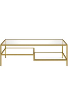 a glass and gold coffee table with two shelves on the bottom one shelf is empty