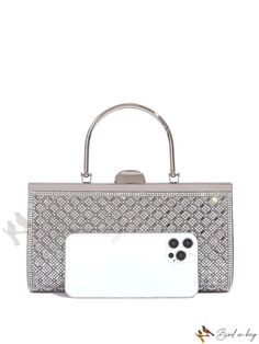 Bird in Bag - Rhinestone-Decorated Clutch Bag for Evening Wear Glamorous Square Bag With Rhinestones, Event Bags With Rhinestones Rectangular Shape, Rectangular Rhinestone Event Bag, Chain Pattern, Bird In Bag, Square Bag, Evening Wear, Dark Grey, Clutch Bag