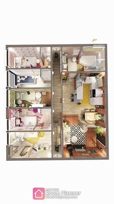 an overhead view of a two bedroom apartment