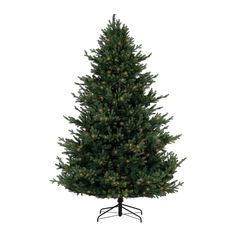 a small christmas tree with lights on it's top and bottom branches, in front of a white background