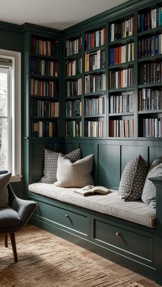 a room filled with lots of bookshelves and pillows on top of it's shelves