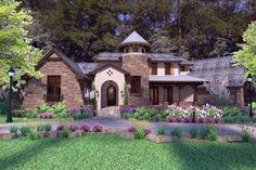 this is an artist's rendering of a house in the woods with flowers and trees