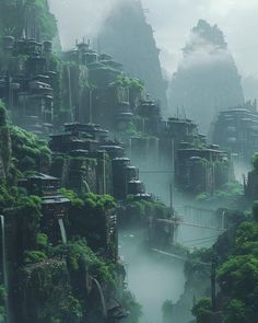 a futuristic city surrounded by trees and fog