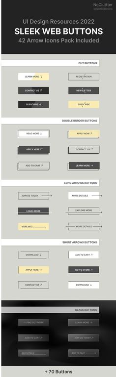Contemporary web buttons collection. Pack of 100 graphic design elements. In the offered set, you will find all kinds of different web elements, including long/short arrow buttons, cut buttons, double border buttons, or glass buttons. For more flexib😊#AI #AITools #AIToolList