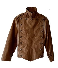 a brown leather jacket with buttons on the front and collar, sitting against a white background