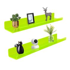 there are two shelves that have various items on them, one is green and the other is black