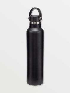 a black stainless steel water bottle on a white background with the lid open and handle extended