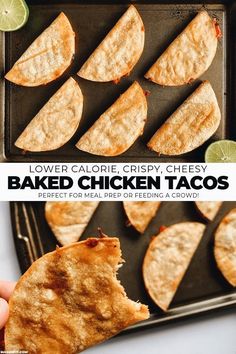 baked chicken tacos on a baking sheet with the text lower calorie crispy cheesy