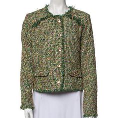 Bust: 38.5" Shoulder: 18" Length: 21.5" Waist: 37.5" Sleeve: 30.25" Spring Tweed Jacket With Buttons, Spring Tweed Jacket With Button Closure, Tweed Pattern, Green Tweed, Green Jacket, Flap Pocket, Jackets & Coats, Jackets For Women, Size 10