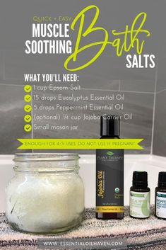 DIY Bath Salts Recipe with Essential Oils: a Quick + Easy Muscle-Soothing Bath Soak using Eucalyptus and Peppermint Essential Oils. Try it today, it's heavenly!! #essentialoilhaven #essentialoils #aromatherapy #bathsalts Diy Bath Salts Recipe, Diy Essential Oil Recipes, Soothing Bath, Essential Oils Bath