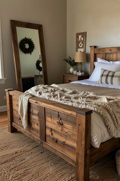 a bedroom with a bed, dresser and mirror on the wall next to each other