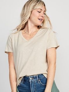 Our EveryWear T-shirts are super-soft, with a comfortable, relaxed fit.  Wear 'em with everything ✔️ Rib-knit V-neck.  Short sleeves.  Lightly enzyme-washed, slub-knit 100% cotton-jersey.  #544340 Draped, relaxed fit through body.  Regular length Athleisure Mom, Beige T Shirts, Tees For Women, T Shirt For Women, Knit Tees, Knitted Tshirt, V Neck Tee, Shirt Outfit, Knit Jersey