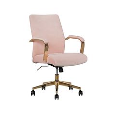 a pink office chair with gold trimmings and wheels