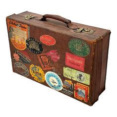 Early 1900s Antique Thick Cowhide Leather Suitcase With Solid Brass Hardware and Many Destination Labels | Chairish French Quilt, Art Deco Cabinet, Leather Suitcase, Old Suitcases, Leather Chesterfield, Vintage Suitcases, Luggage Labels, Steamer Trunk, Vintage Suitcase