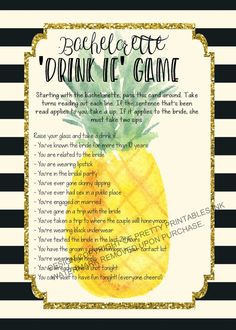 a pineapple drink me game with black and white stripes on the bottom, in front of a gold frame