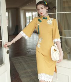 Asian Style Dress, Modern Cheongsam, Dress Pesta, Embroidery Decoration, Qipao Cheongsam, Traditional Chinese Dress, Trumpet Sleeve, Kawaii Dress