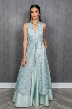 Aqua Striped Jacket Dress | Harleen Kaur – HarleenKaur Sleeveless Anarkali Designs, South Asian Wedding Guest Outfit, Wedding Guest Outfit Indian, Knee Length Jacket, Sangeet Outfit, Trendy Outfits Indian, Wedding Guest Outfits, Outfits Indian, Dresses Traditional