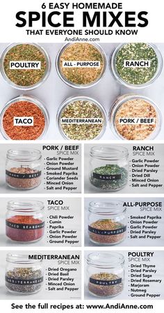 spice mixes in glass jars with instructions for how to mix them and what to use them