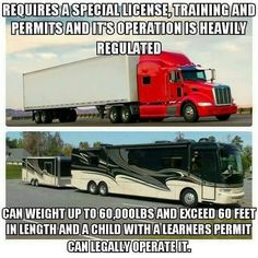 two pictures of a semi truck with the caption, requires special license training and permits and its operation is heavily regulated