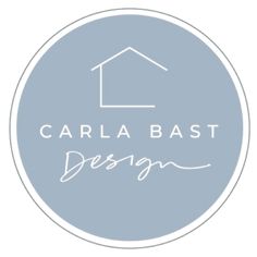 the logo for carla bast design is shown in white on a blue circle