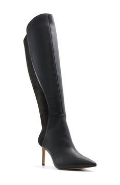 Mixed textures add contemporary intrigue to a knee-high boot framed by a pointy toe and stiletto heel. 3 1/4" heel 16" shaft; 14 1/2" calf circumference Side zip closure Leather and textile upper/textile and synthetic lining/rubber sole Imported Evening Knee-high Boots With Sculpted Heel And Wide Calf, Evening Knee-high Boots With Sculpted Heel For Wide Calf, Evening Wide Calf Knee-high Boots, Evening Knee-high Boots With Wide Calf And High Shaft, Elegant Wide Calf Snip Toe Knee-high Boots, Elegant Wide Calf Knee-high Boots With Snip Toe, Evening Knee-high Boots With Wide Calf And Reinforced Heel, Elegant Fitted Heeled Boots With Snip Toe, Elegant Knee-high Boots With High Shaft For Evening