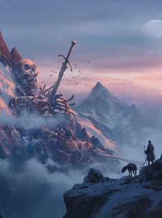 a man standing on top of a mountain next to a giant skull in the sky