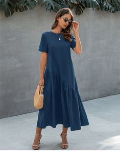 Product Name: Asymmetrical Navy Blue Boho Dress Item NO.: 6700319047878 Weight: 0.25 kg = 0.5512 lb = 8.8185 oz Category: Clothing> Women> Dresses & Skirts Tag: Blue, Midi, Asymmetrical, Navy Blue Creation Time: 2023-03-06 Composition : Cotton Fit : Adjusted then flared Color : Navy Blue Pattern : Plain Collar type: Round neck Sleeve type : Short Details : Midi dress, asymmetrical pleating from the waist until the end of the dress Season : Spring / Summer Machine washing should be done at low te Navy Blue Boho Dress, Boho Fashion Dresses, Dress Outfit Casual, Blue Boho Dress, Holiday Dresses Women, Short Sleeve Maxi Dresses, Boho Style Dresses, Dresses By Length, Slim Dresses