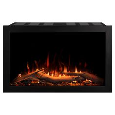 an electric fireplace with flames and logs