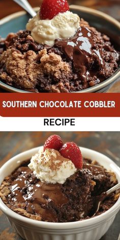 chocolate cobbler dessert in a bowl with ice cream and strawberries on the top