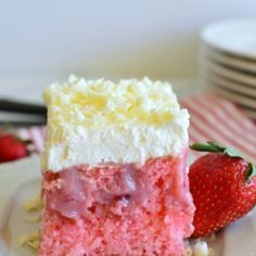 a piece of cake on a plate with strawberries