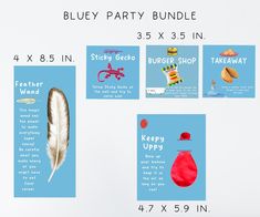 the blue party bundle includes three cards, one with an image of a bottle and a feather