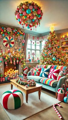 #event planning, #party ideas Christmas Living Room Ideas, Christmas Living Room Decor Ideas, Christmas Living Room Decor, Colorful Ornaments, Christmas Tree Lots, Kitsch Christmas, Christmas Living Room, Candyland Christmas, Playful Decor