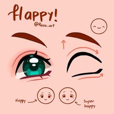 an anime character's eyes and eyebrows with the words happy on it, in front of